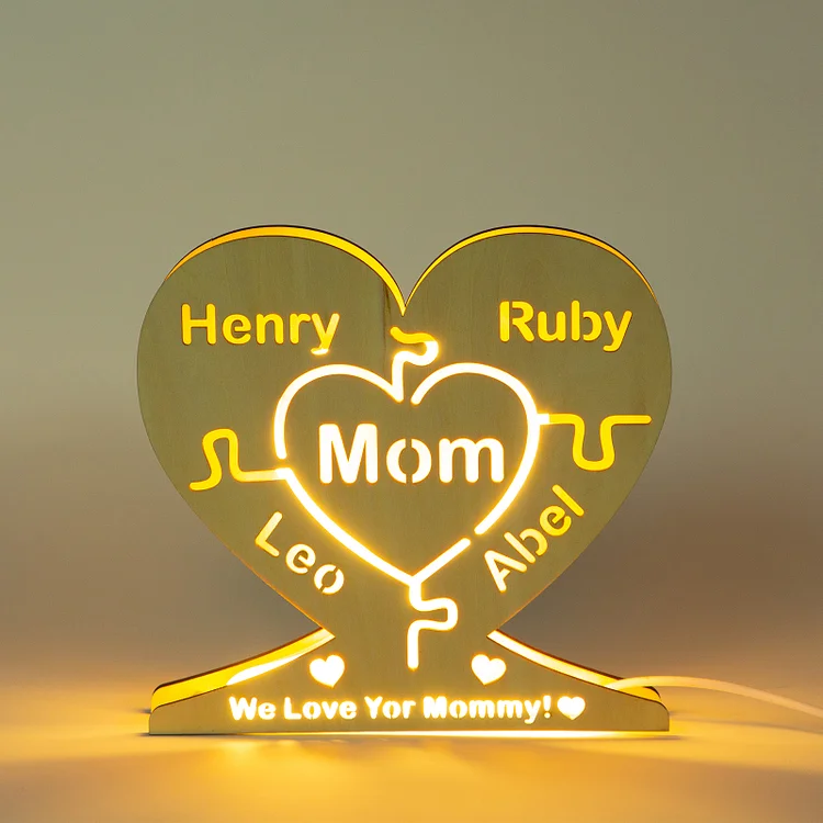 Personalized 4 Names Night Light Engraved Wooden Lamp