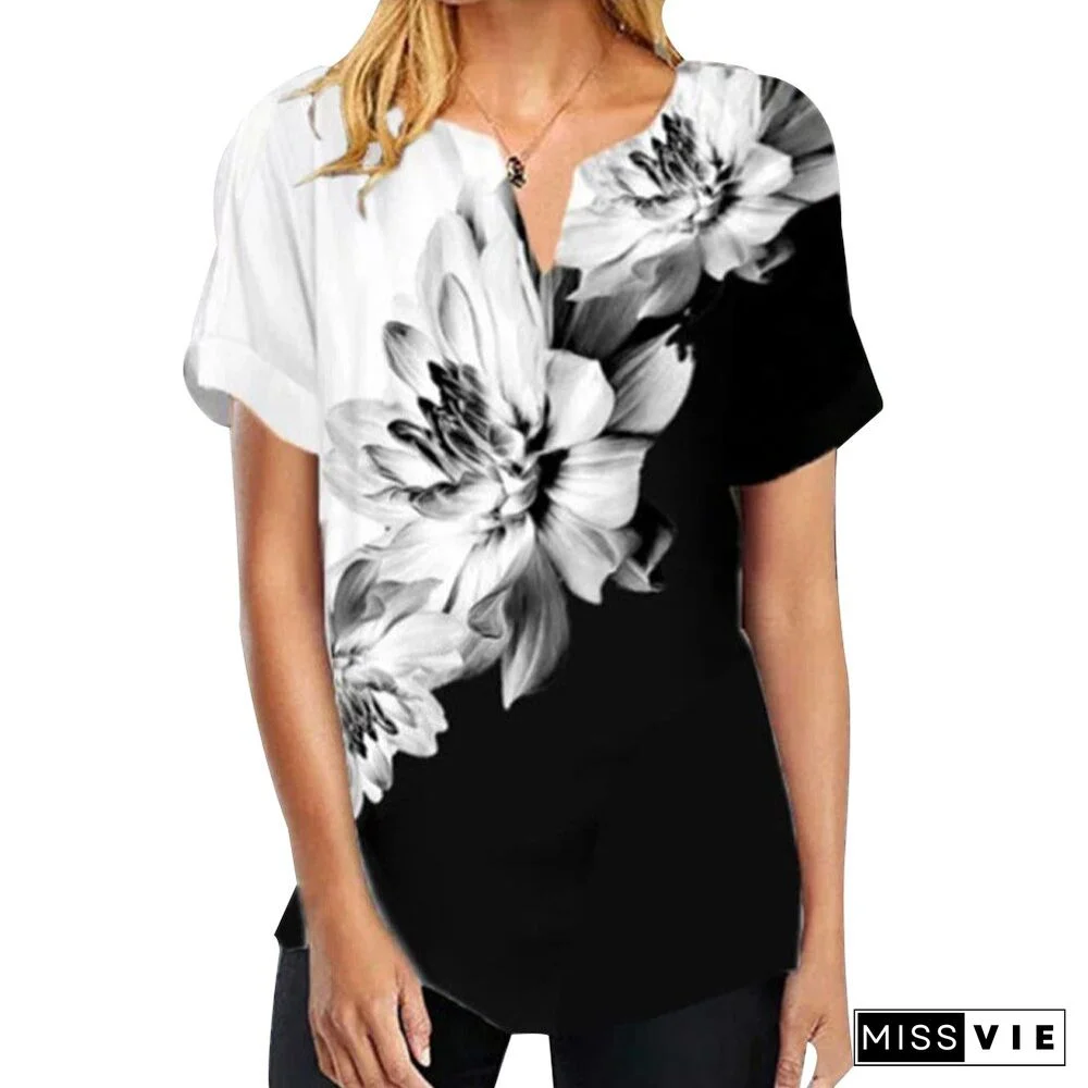 Summer Blouse Woman Fashion V Neck Casual Shirts Floral Print Female Ladies Blouses Tops Tunic Short Sleeve Pullover Tops D30