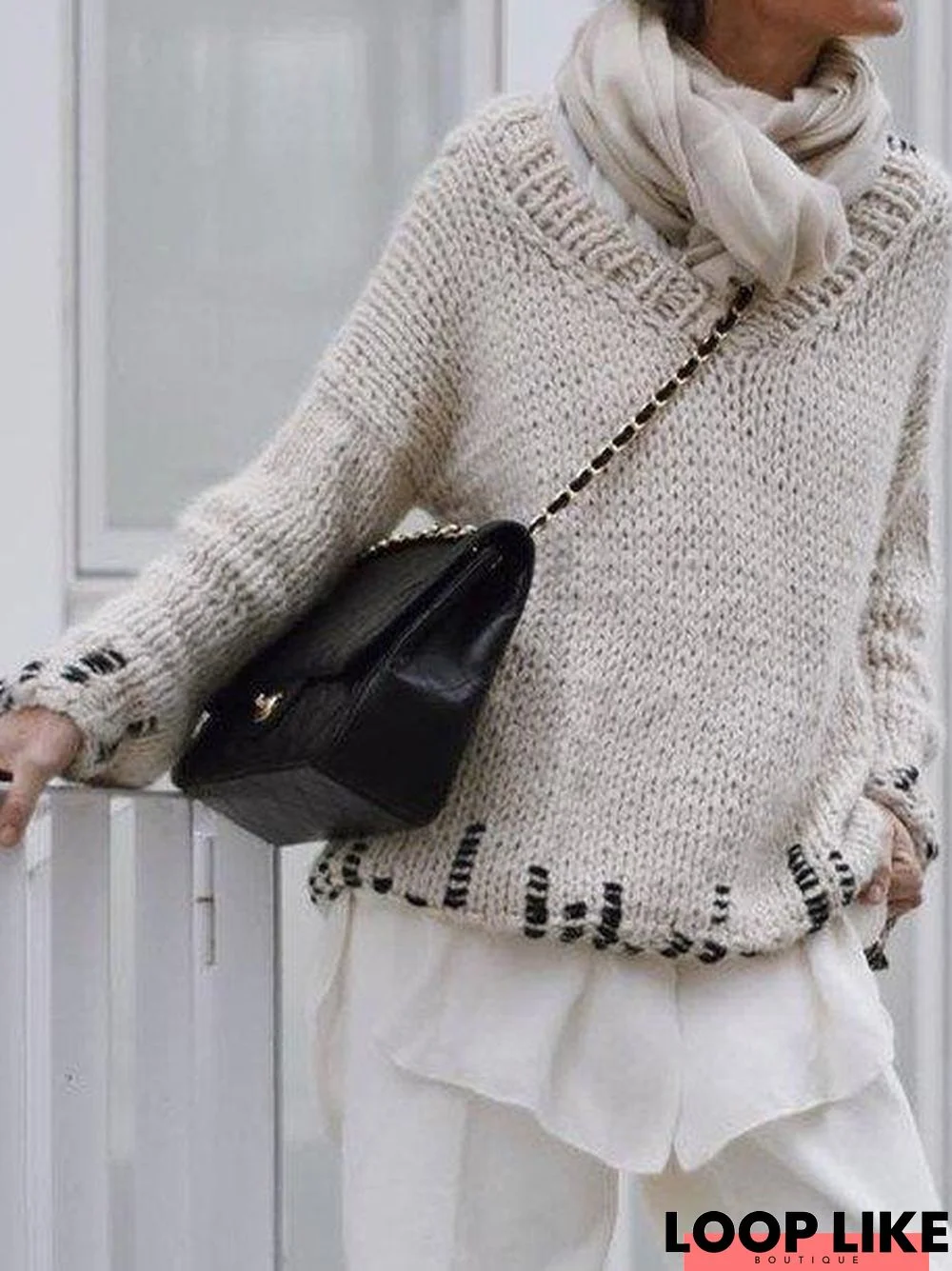 Casual V Neck Long Sleeve Sweater