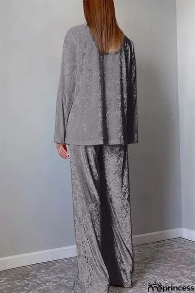 Open Front Collared Neck Top and Pants Set