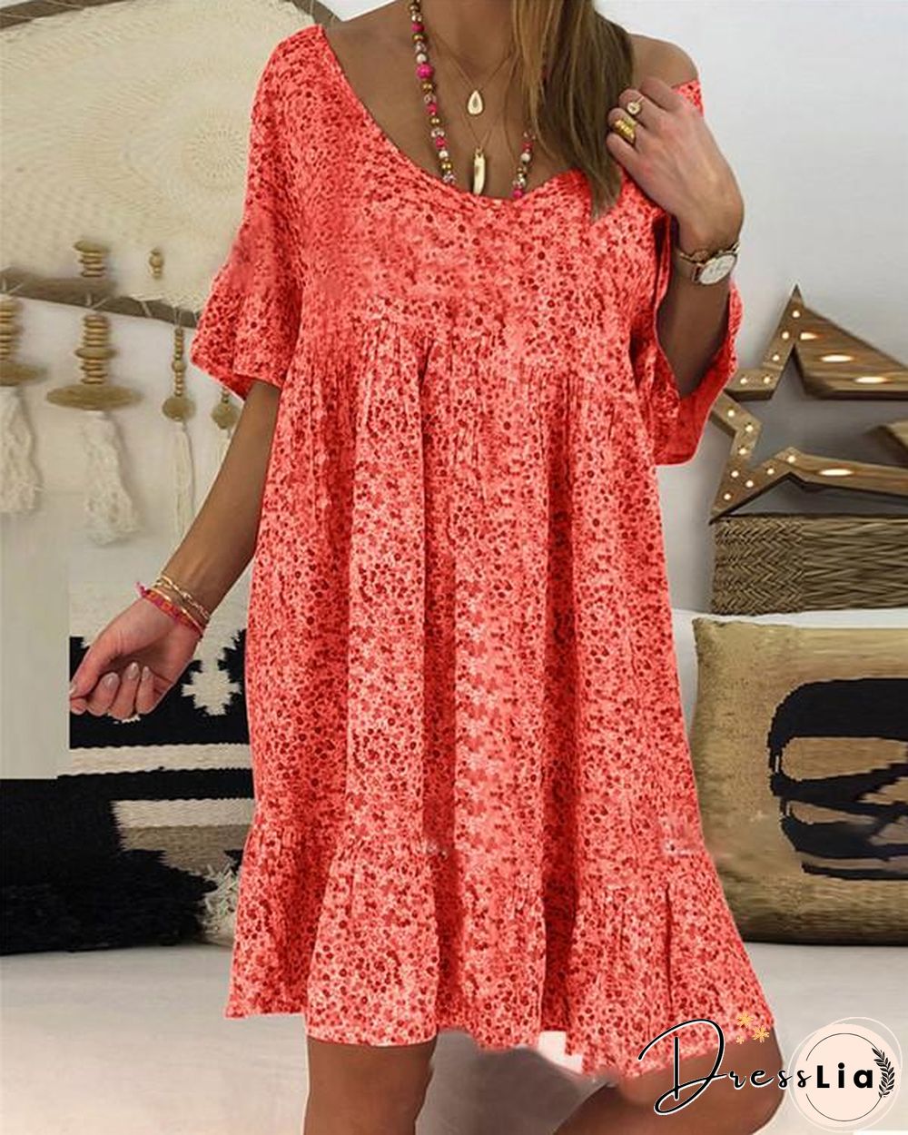 Casual Floral Printed Crew Neck Short Sleeve Plus Size Dress