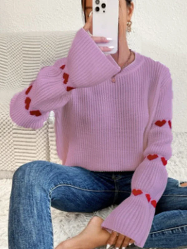 Athvotar Athvotar And Winter Sweater Women's Loose Long-Sleeved Striped Elbow Love Collar Knitted Shirt