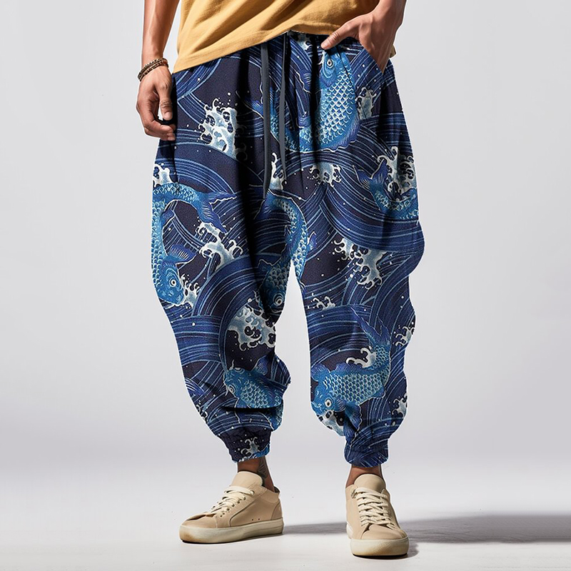 Vintage Wave All Over Japanese Art Print Pattern Casual Loose Drawstring Waist Sweatpants wearshes