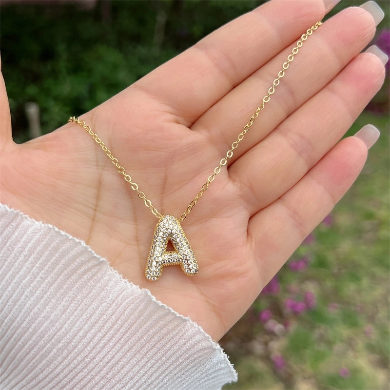 Copper 18K Gold Plated Hip-Hop Minimalist Classic Style Polishing Inlay Letter Zircon Pendant Necklace