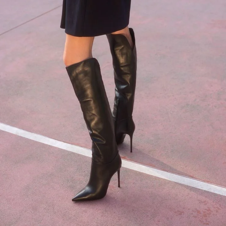Women's Fashion Black Stiletto Boots Sexy Pointy Toe Knee-high Boots ...
