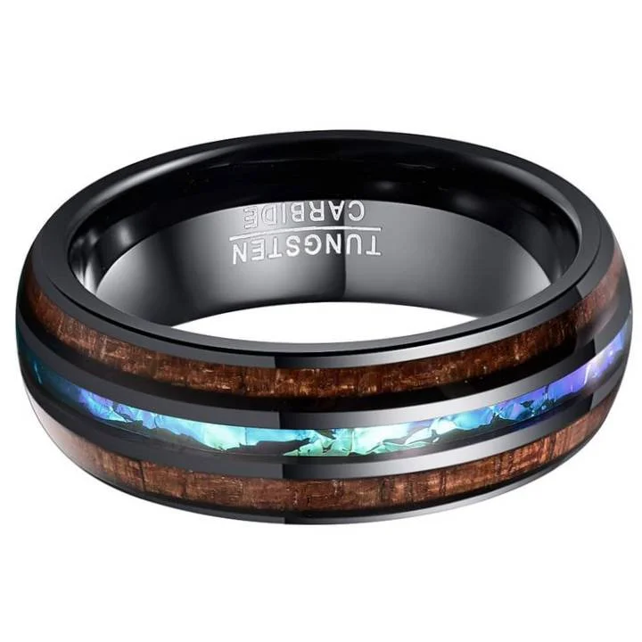 Mens Women Tungsten 4MM 6MM 8MM 10MM Hawaiian Koa Wood and Black+Abalone Shell Imitated Opal Inlay Ring Tungsten Carbide Rings Wedding Bands for Womens Men Comfort Fit