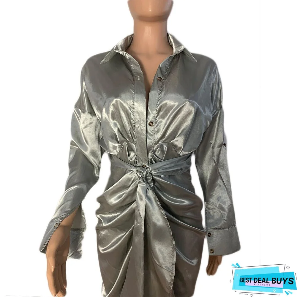 Hollow Solid Color Pleated Fashion Ladies Dress