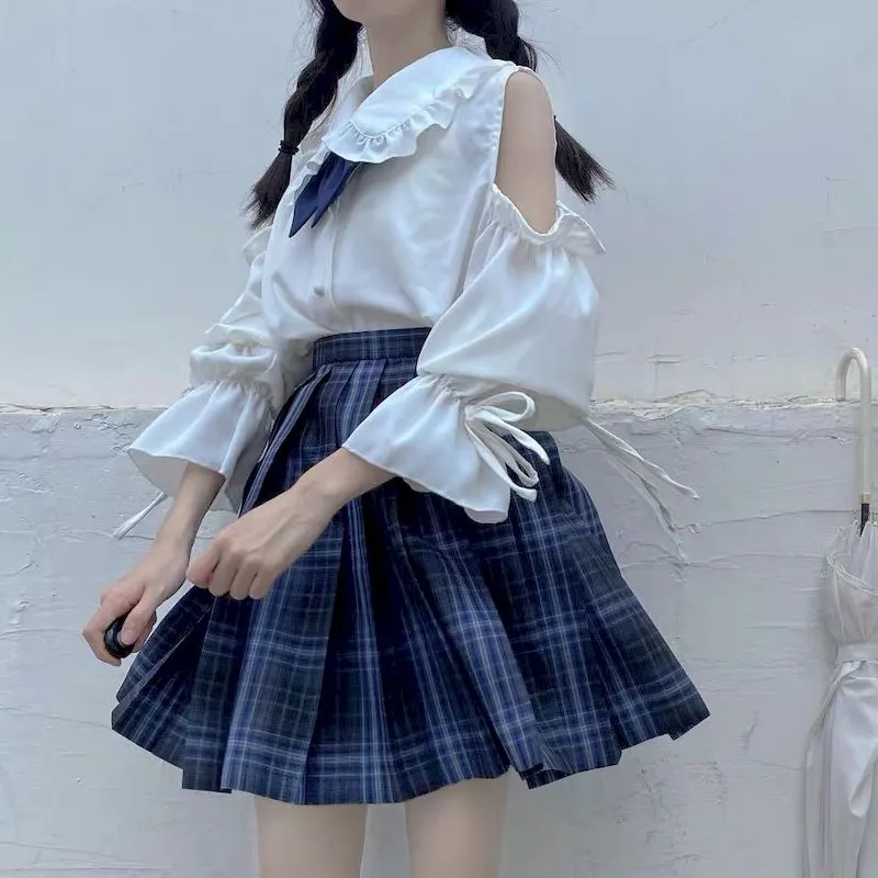 NiceMix harajuku blouse and plaid skirts 2 piece set women clothes tracksuit summer  preppy clothe loose two pieces set