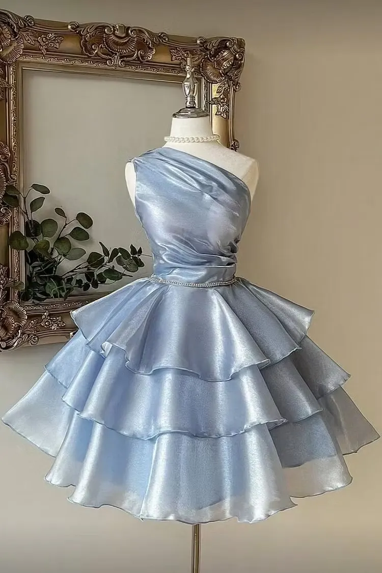 Dusty Blue One Shoulder Sleeveless High-Waisted Short A-Line Homecoming Dress With Ruffles | XJ0930 Wellcucu
