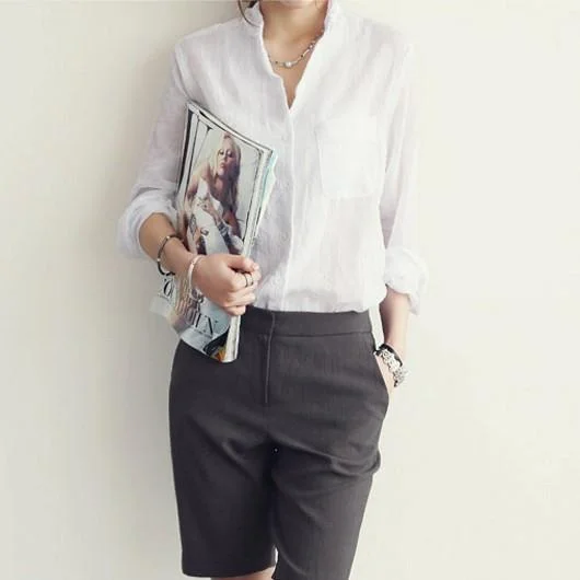 Women's solid color slim-fit linen long-sleeved cotton linen shirt