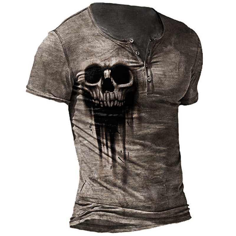 Men's Outdoor Skull Retro Print Tactical Short-Sleeved Henley Shirt-Compassnice®