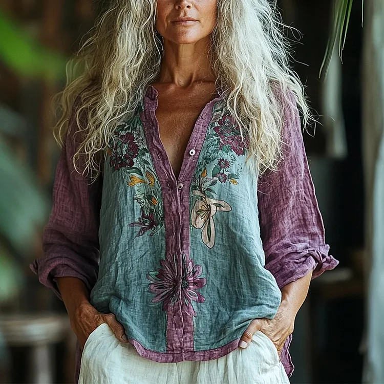 Women's Linen Bohemian Floral Print Long-sleeve Top Shirt