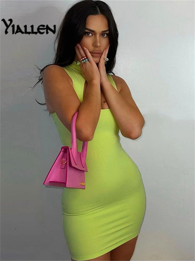Yiallen Summer Women Casual O Neck Sleeveless Solid Rib Knitted Slim Stretch Mini Bodycon Dress 2021New Simple Wild Office Lady
