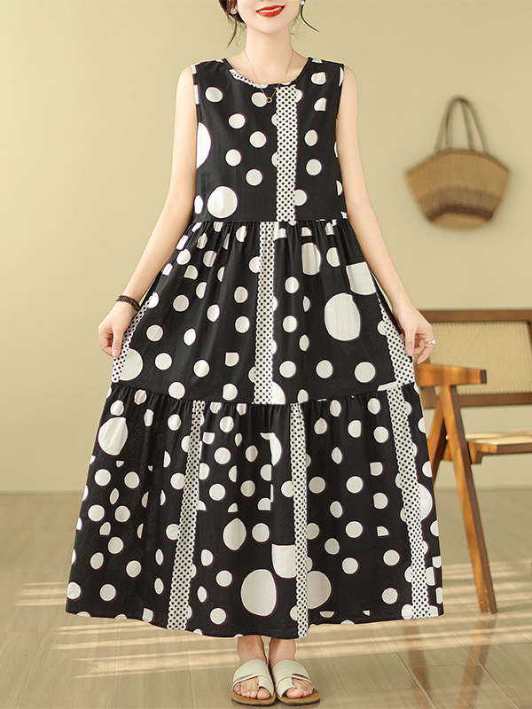 Polka Dot Tiered Sleveless Loose Maxi Dress