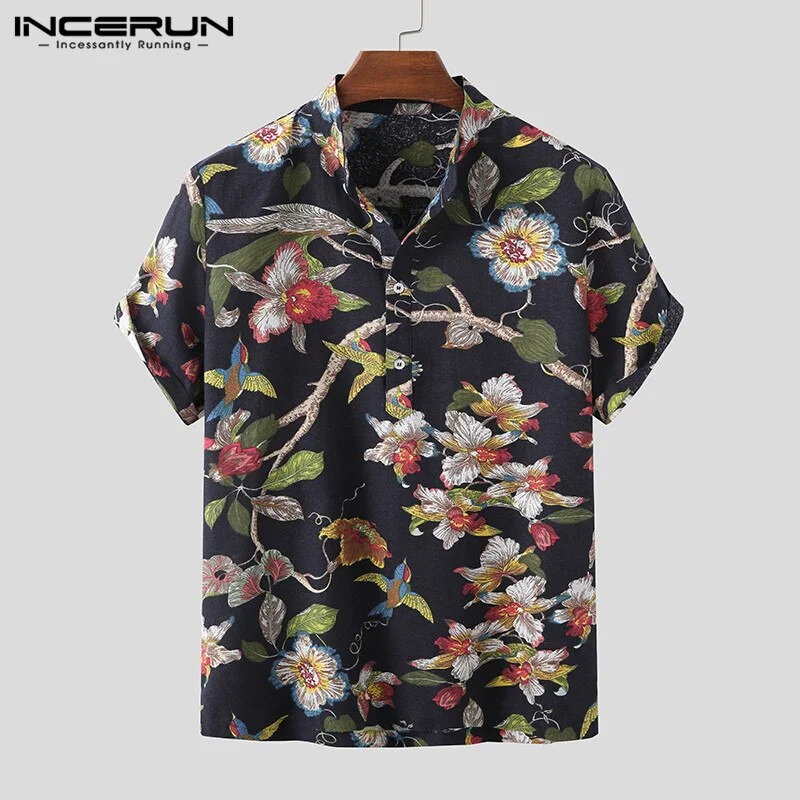 INCERUN Men Printed Shirt Cotton Streetwear Breathable Short Sleeve 2022 Stand Collar Hawaiian Shirts Casual Camisas Plus Size