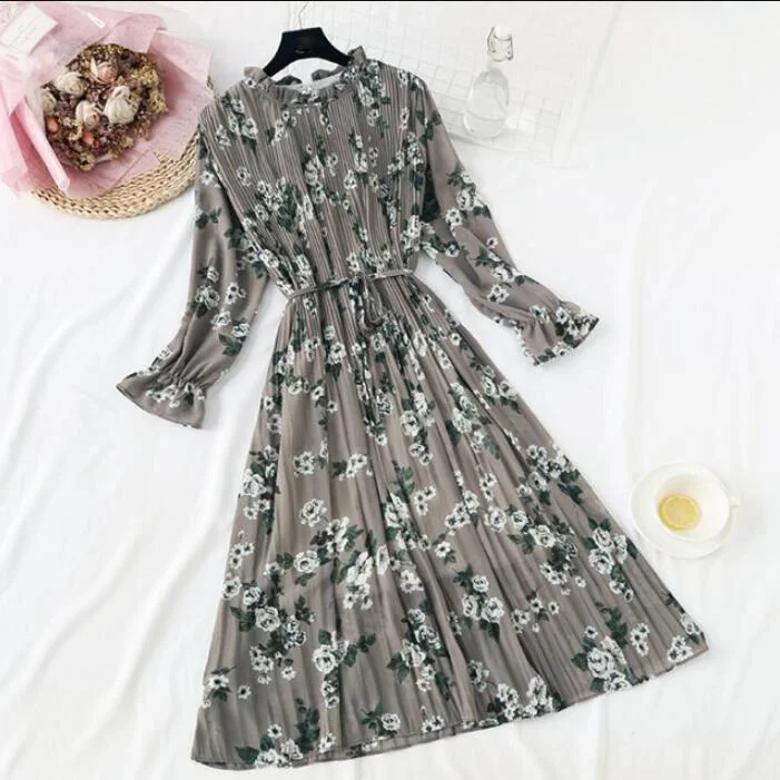 2020 Elegant Women Print Chiffon Dress Long sleeve Lotus leaf collar Pleated Dress Female Casual Midi Dresses vestidos mujer