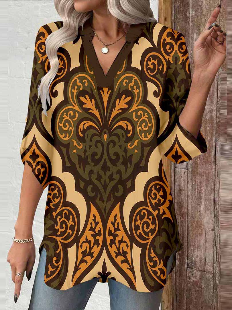 Women Tropical, Brown, Khaki DZGA0164 3/4 Sleeve V-neck Printed Graphic Button Tops