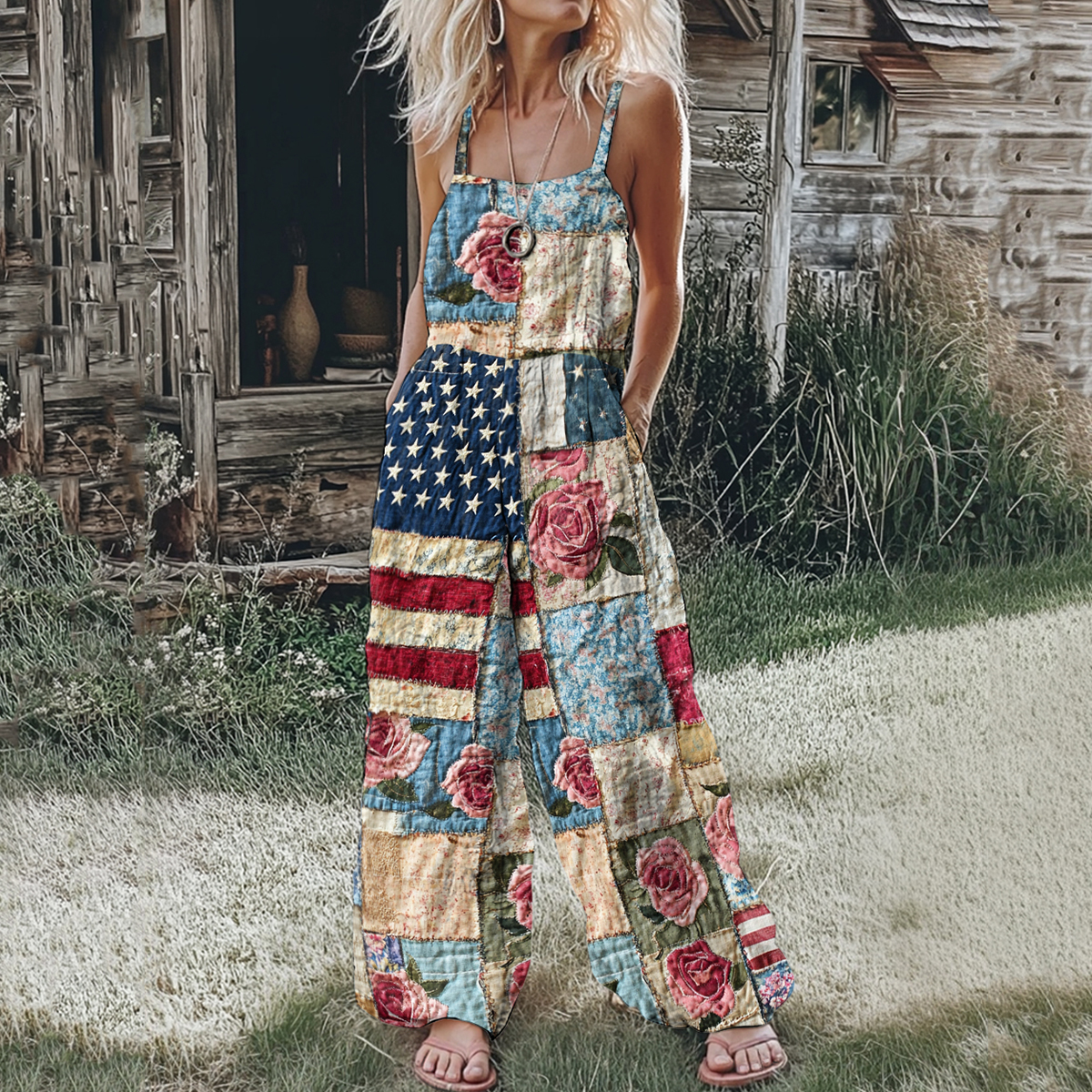 Comstylish Women's Vintage Independence Day Rose Art Casual Jumpsuit