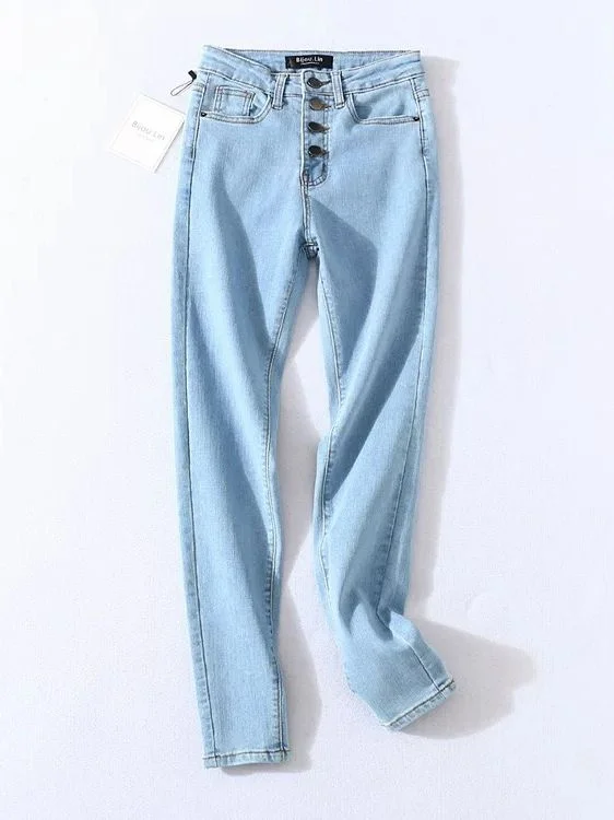 Budgetg Skinny Four Buttons High Waist Pencil Jeans Women Slim Fit Stretch Denim Pants Full Length Denim Tight Trousers