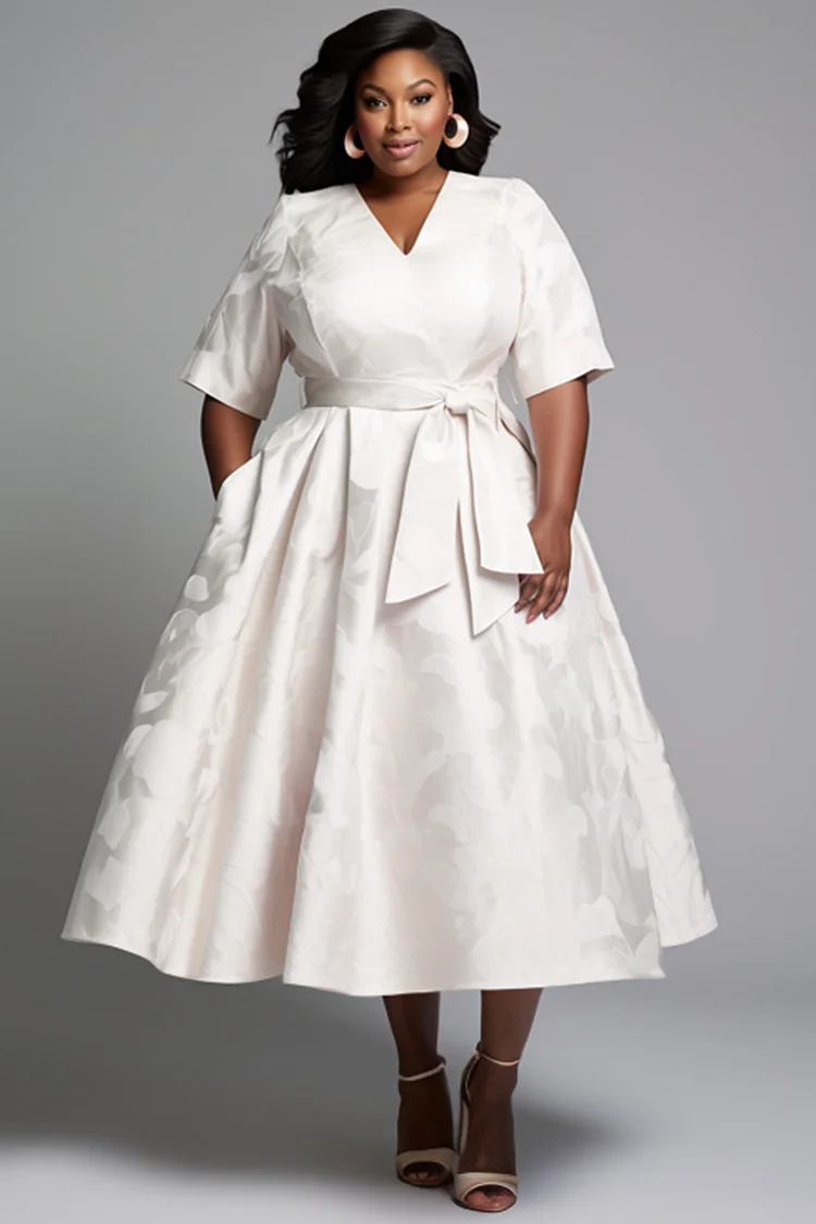 Xpluswear Design Plus Size Wedding White Elegant Round Neck Half Sleeve Pocket Wrap Satin Midi Dresses [Pre-Order] 2024 - Xpluswear