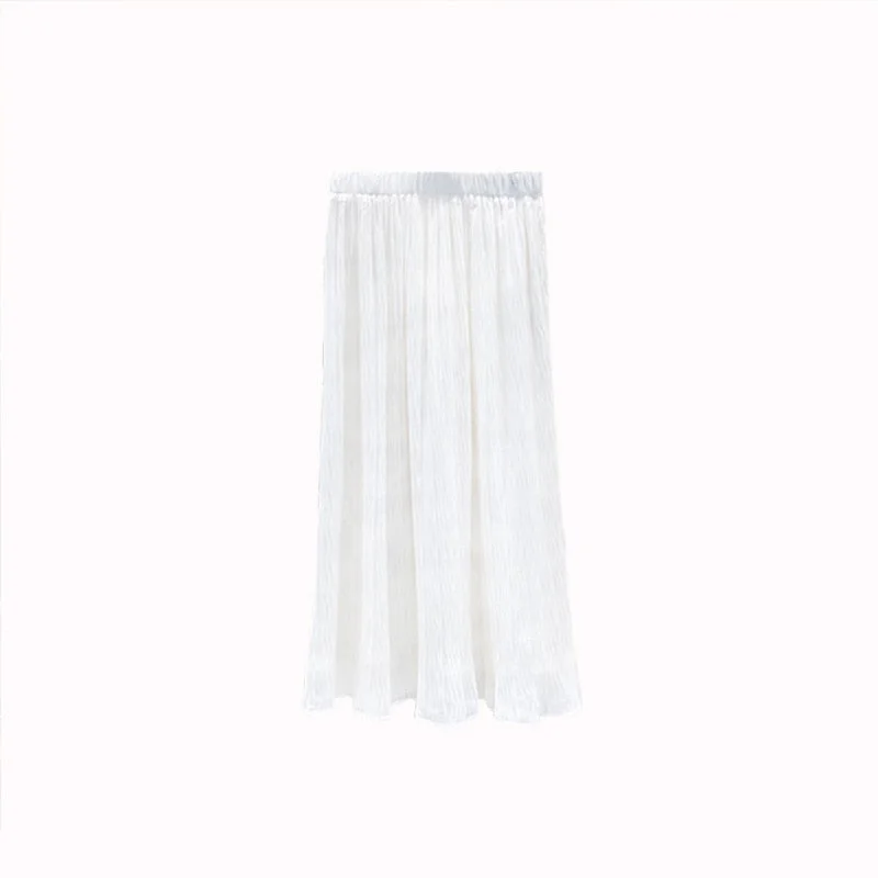 Huibahe Women Spring Summer Chiffon Pleated Skirt Elegant High Waist Mid-length Solid Color Long A-line Skirt QT2041