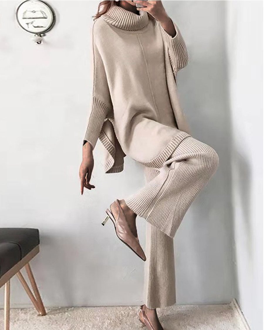 Women's Elegant High Collar Sweater Set Khaki Two-piece Outfits MusePointer