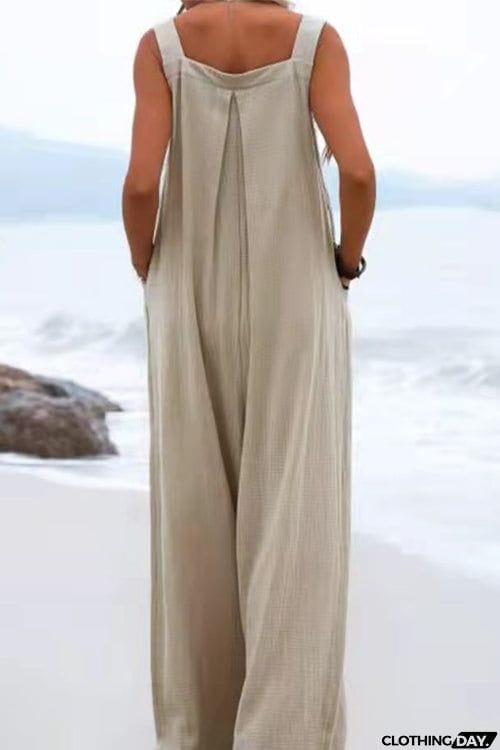 Solid Button Sling Wide-Leg Jumpsuit