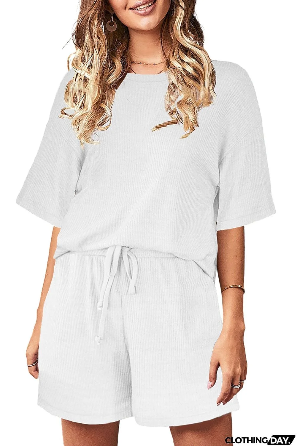 Khaki Crew Neck Short Sleeve Ribbed Lounge Set