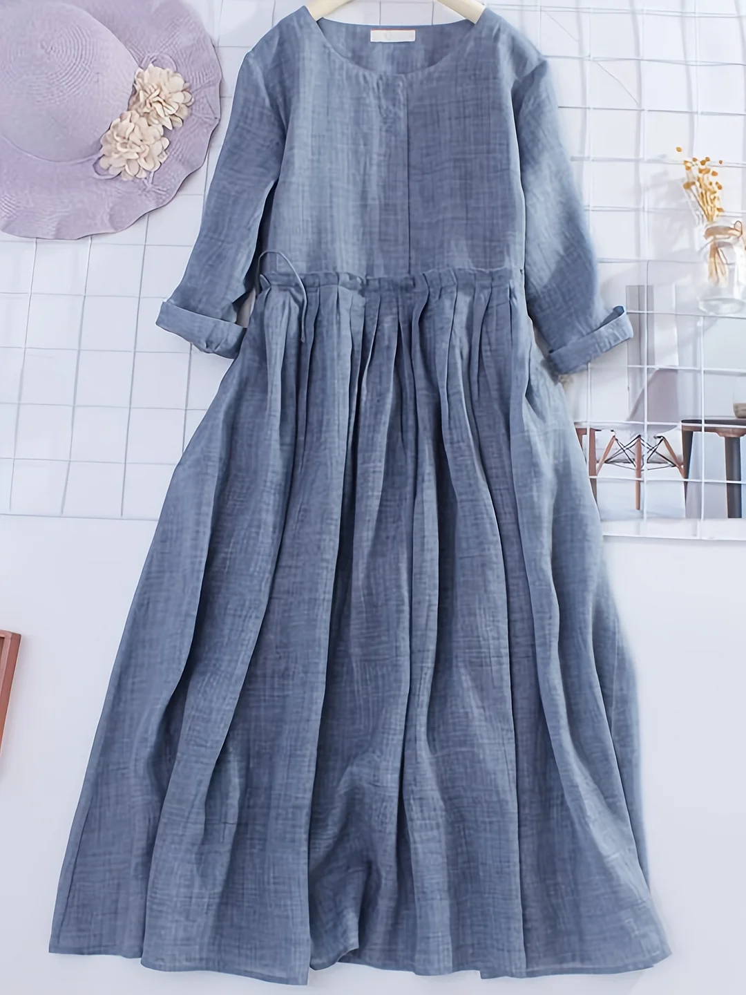 Women Summer Long Dress Solid Color 3/4 Sleeve Round Neck Drawstring Waistband Dress Beach Vacation SunDress | IFYHOME
