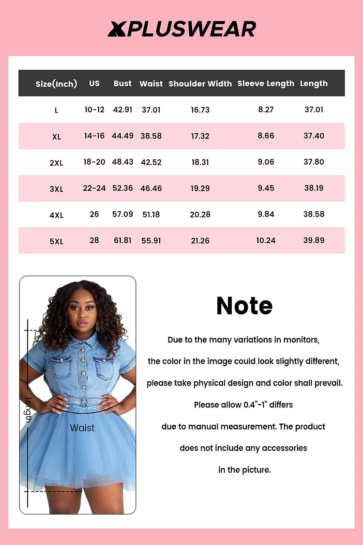 Xpluswear Design Plus Size Vacation Tulle Light Blue Casual Shirt Collar Short Sleeve Contrast Denim Mini Dresses [Pre-Order]