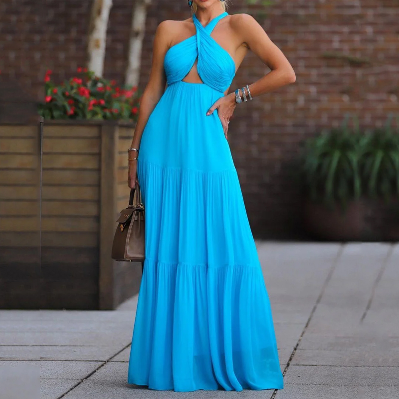 Women's Elegant Solid Color Sleeveless Tie Open Back Cutout Maxi Dress