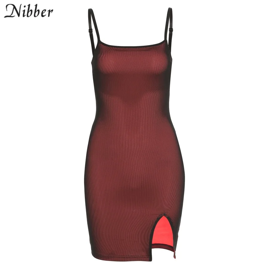 Nibber Sexy Skinny Bodycon Split Dresses For Womens Banquet Solid Sleeveless 2021 Summer Sling Street Party Club Dress Orange