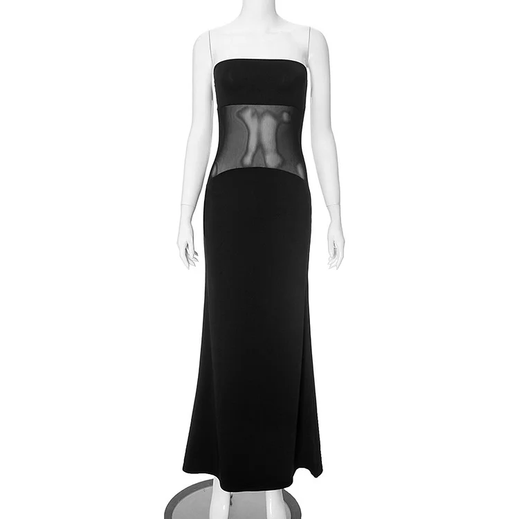 Elegant Graceful Tube Top Stitching Mesh Slim Fit Long Dress