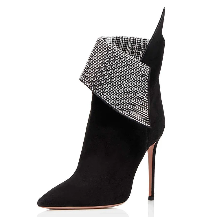 Black Fold Over Rhinestones Pointy Toe Stiletto Heel Ankle Boots |FSJ Shoes