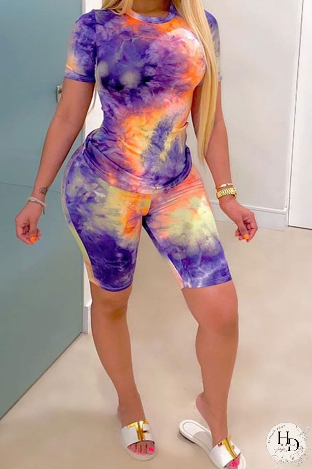 Blue Fashion Casual Active Print Tie Dye Short Sleeve Two Pieces