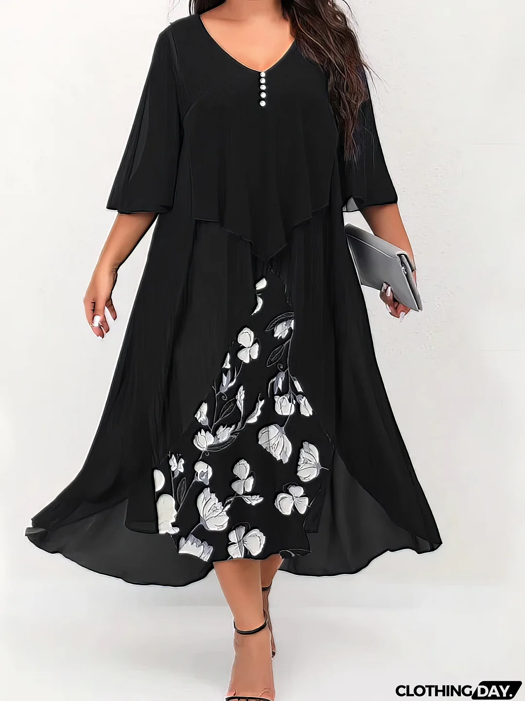 Floral Ruched Elegant Layered Formal Vacation V Neck Midi Dress