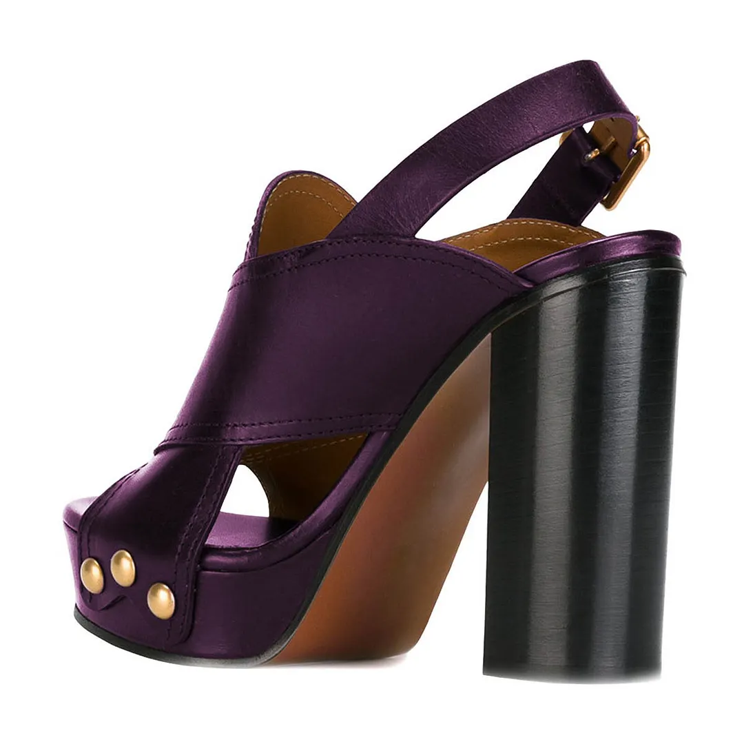Purple Open Toe Cutout Studded Platform Slingback Block Heel Sandals