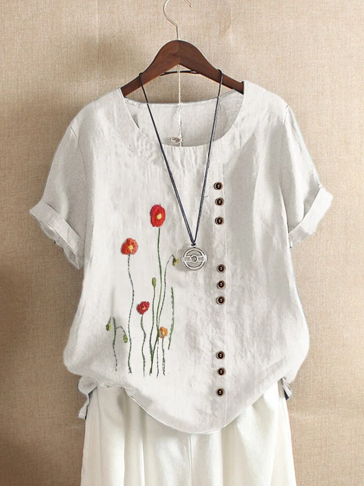 White Floral-Print Short Sleeve Shirts & Tops