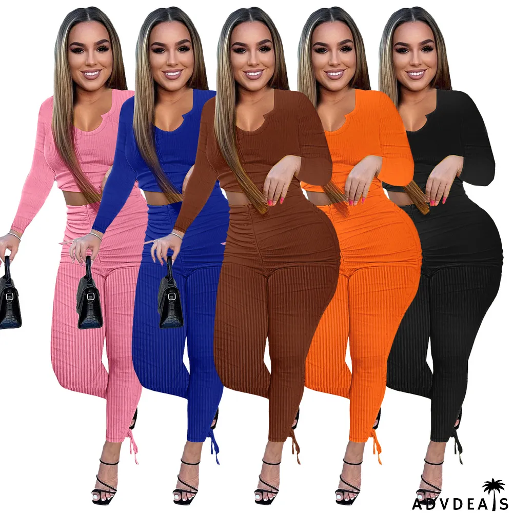 Solid Long Sleeve Stacked Pants 2 Piece Sets