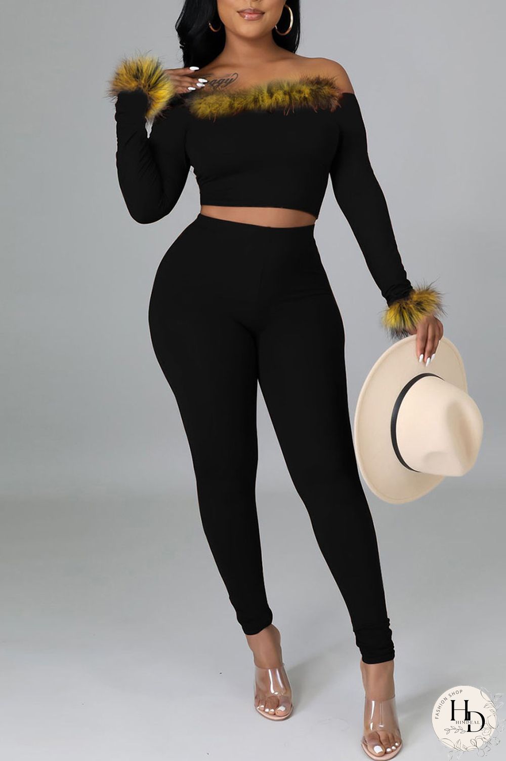 Red Sexy Solid Split Joint Feathers Off the Shoulder Long Sleeve Two Pieces