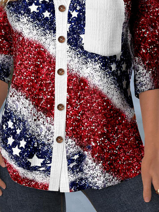 Women 3/4 Sleeve Shirt Collar Floral Printed Graphic Lace Button Pockets Tops