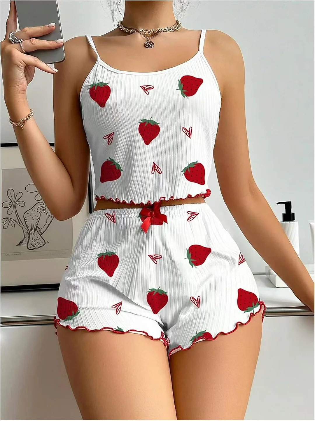 Uveng Strawberry Love Pajamas Women's Sling Vest Shorts Set Printed Homewear