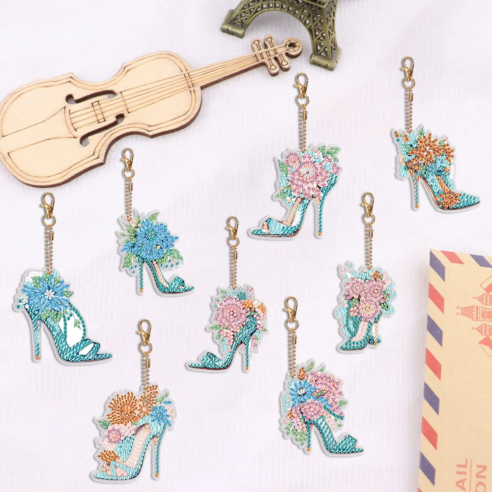8pcs DIY Flower High Heels Diamond Keychains Pendant Double Sided Diamond Art Keychains