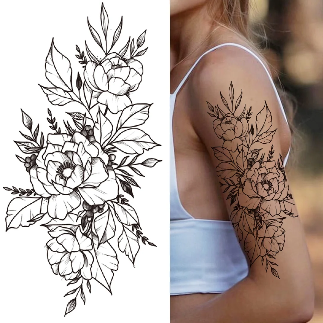 DIY Floral Temporary Tattoo For Women Girls Black Butterfly Rose Flower Tattoos Sticker Fake Sweat Pea Arm Tatoos Body Art