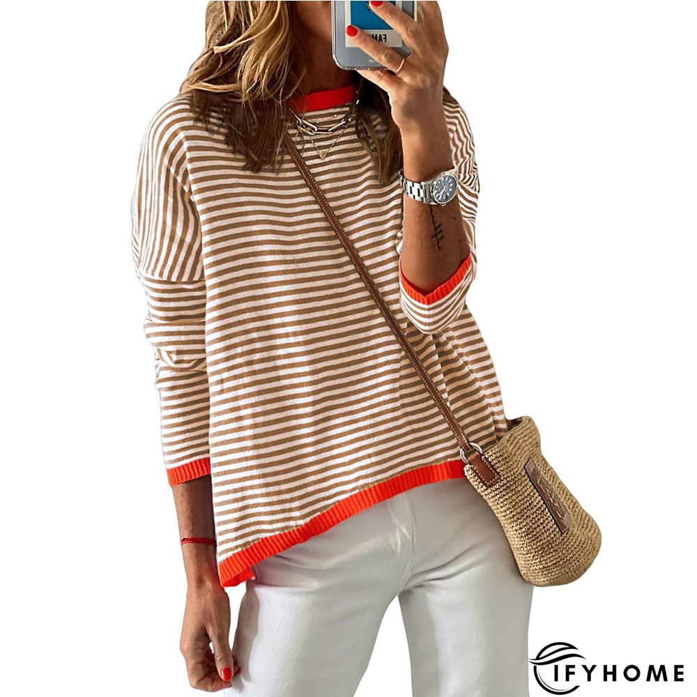 Casual Striped Long Sleeve Round Neck Tunic Sweater Knit Jumper | IFYHOME
