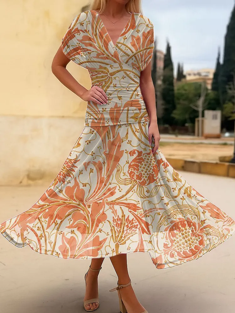 Women's Vintage Flower Art Print Flowy Casual Dress