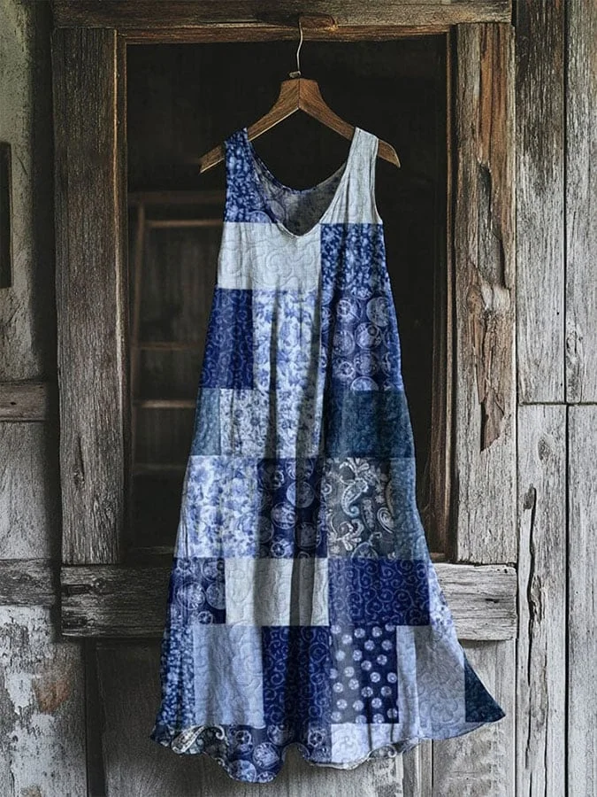 Women's Vintage Floral Patchwork Art Linen Blend Tank Dress 