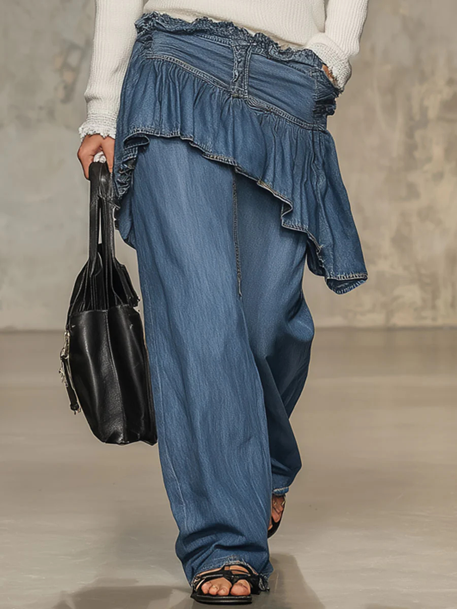 Retro Fashion Ruffled Skirt Spliced With Wide-Leg Blue Jeans