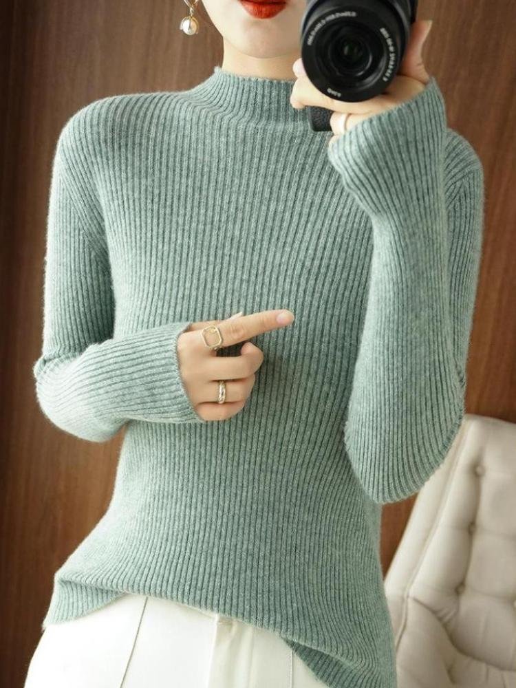 Women's Half-Turtleneck Slim Knit Solid Color Wool Long Sleeve Sweater