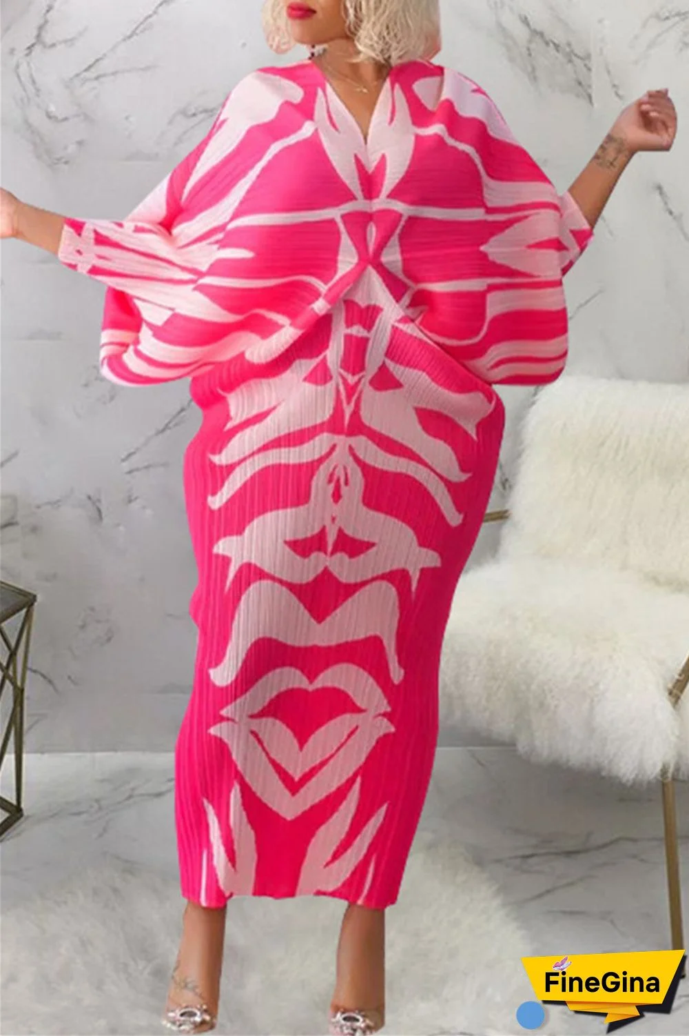 Pink Purple Casual Print Patchwork V Neck Pencil Skirt Plus Size Dresses